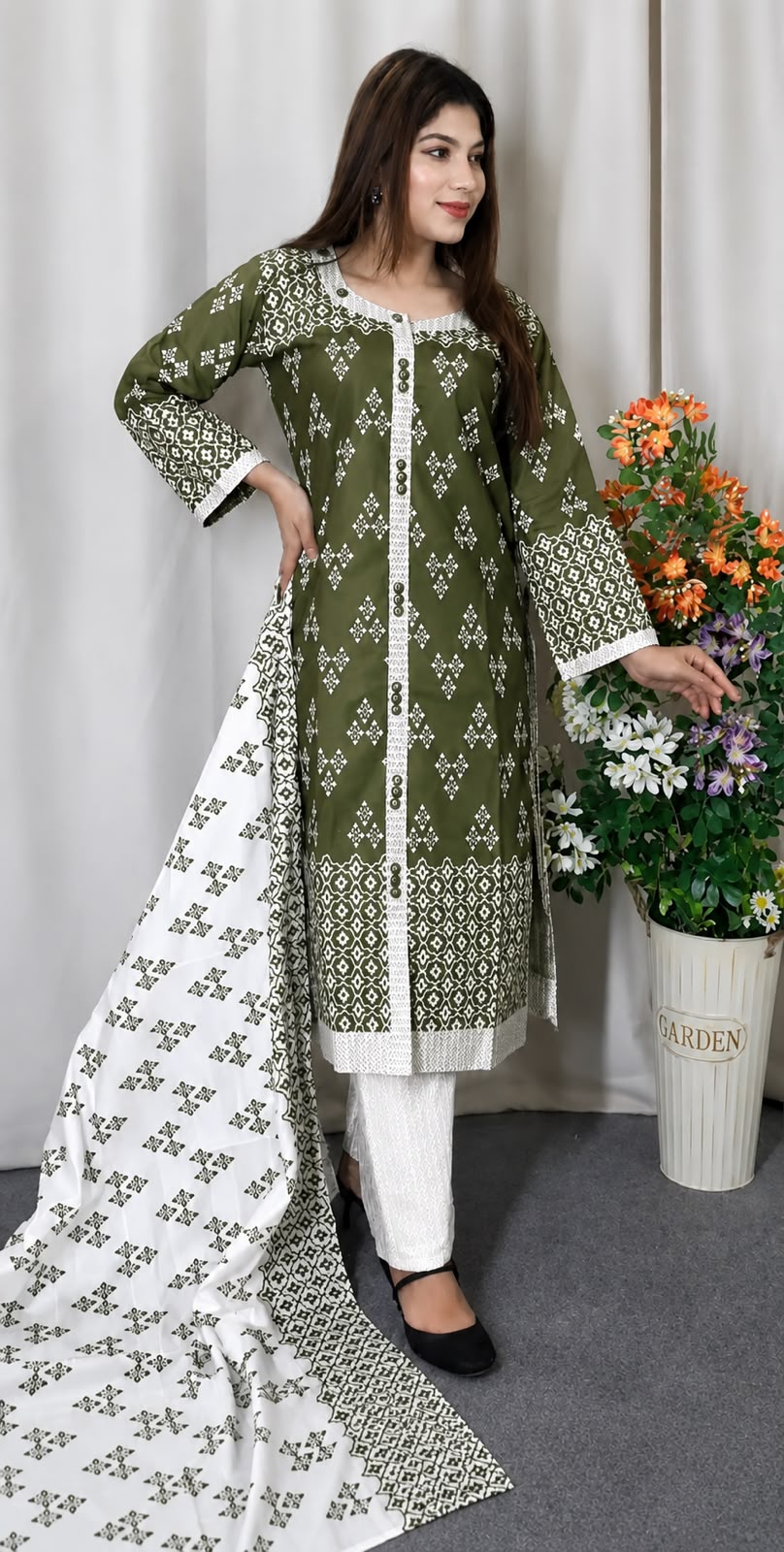 Cotton Readymade Three Piece - Dark Olive