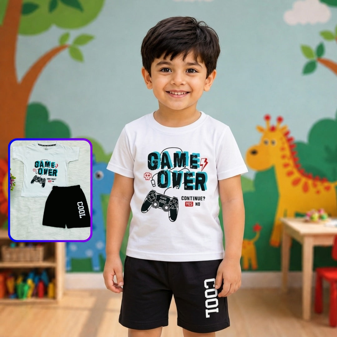 Game Over" Print T-Shirt & Black Shorts Set for Boys – White