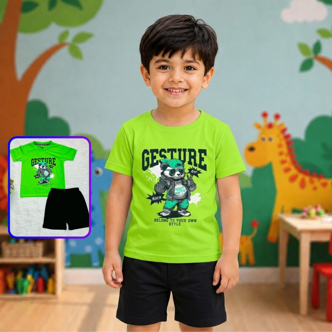 "Gesture" Panda Print T-Shirt & Black Shorts Set for Boys – Green