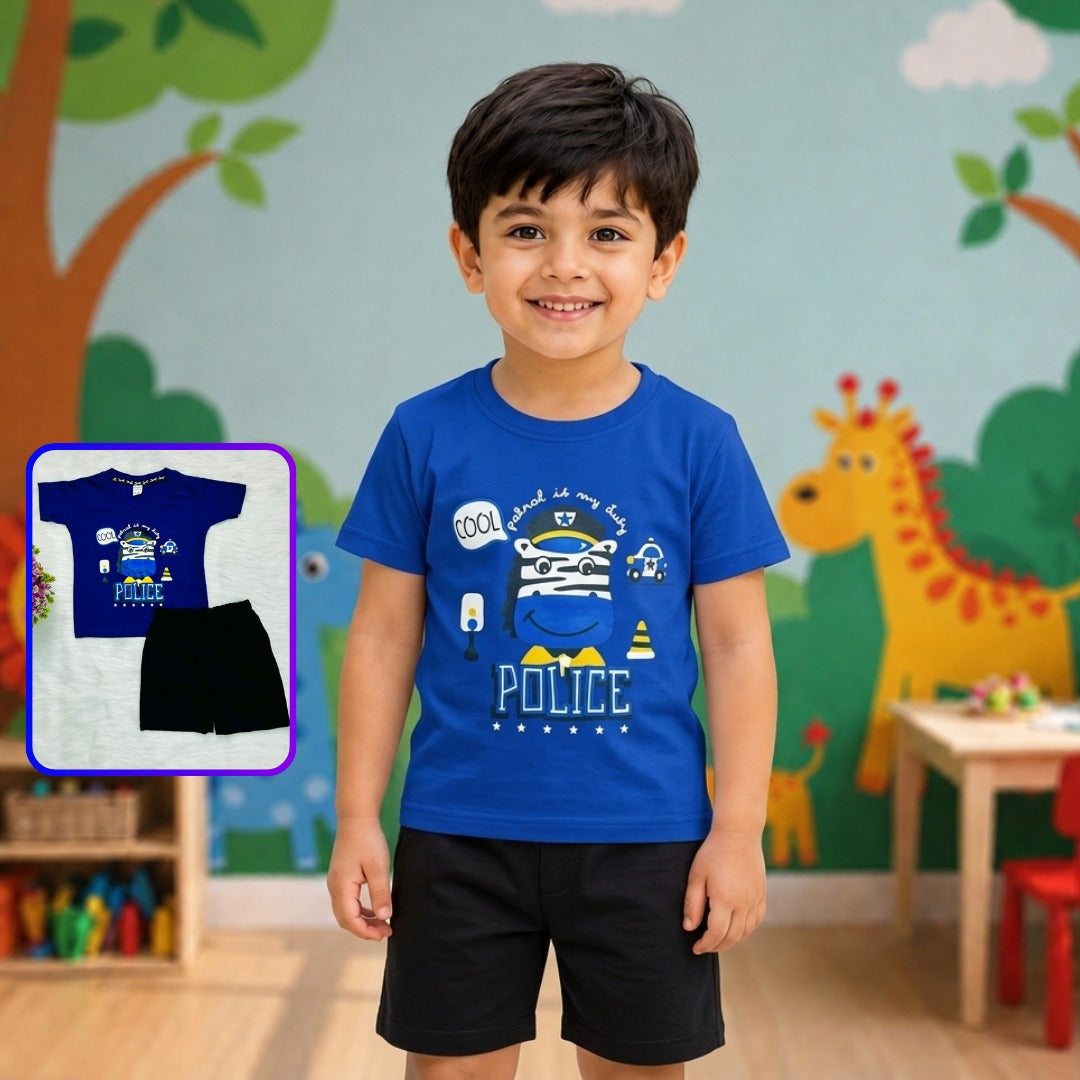 "Cool Police" Zebra Print T-Shirt & Black Shorts Set for Boys – Blue