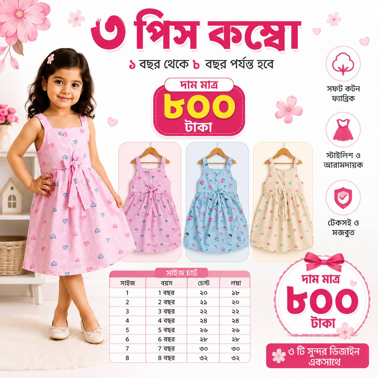 3 Pcs Girls Cotton Dress Combo Pack (1-8 Years) – Only ৳800