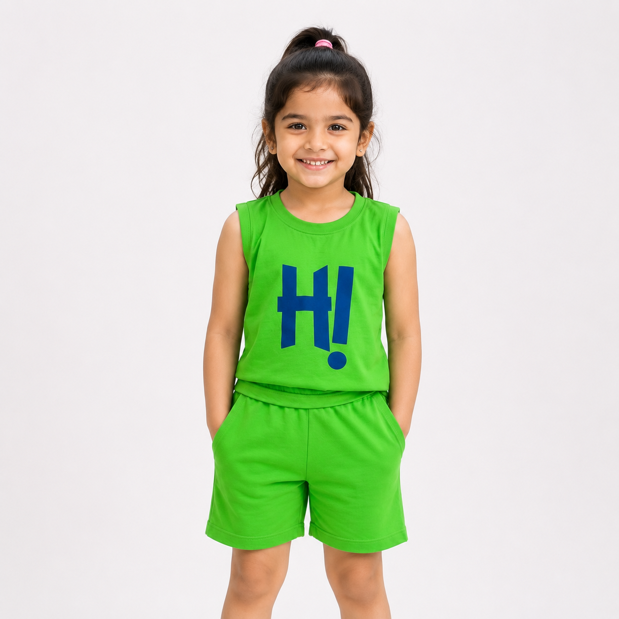 HI!" Print Sleeveless Co-ord Set for Girls – Neon Green