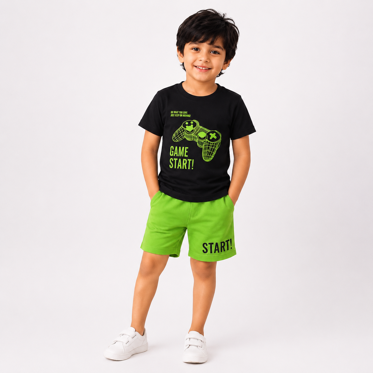 Game Start!" Print T-Shirt & Green Shorts Set for Boys – Black