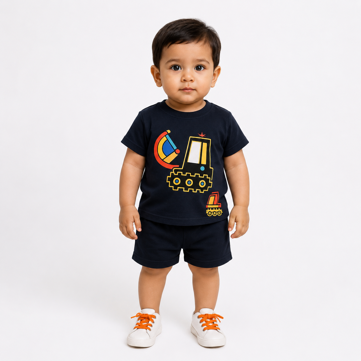 Excavator Print Half Sleeve T-Shirt & Shorts Set for Baby Boys – Navy Blue