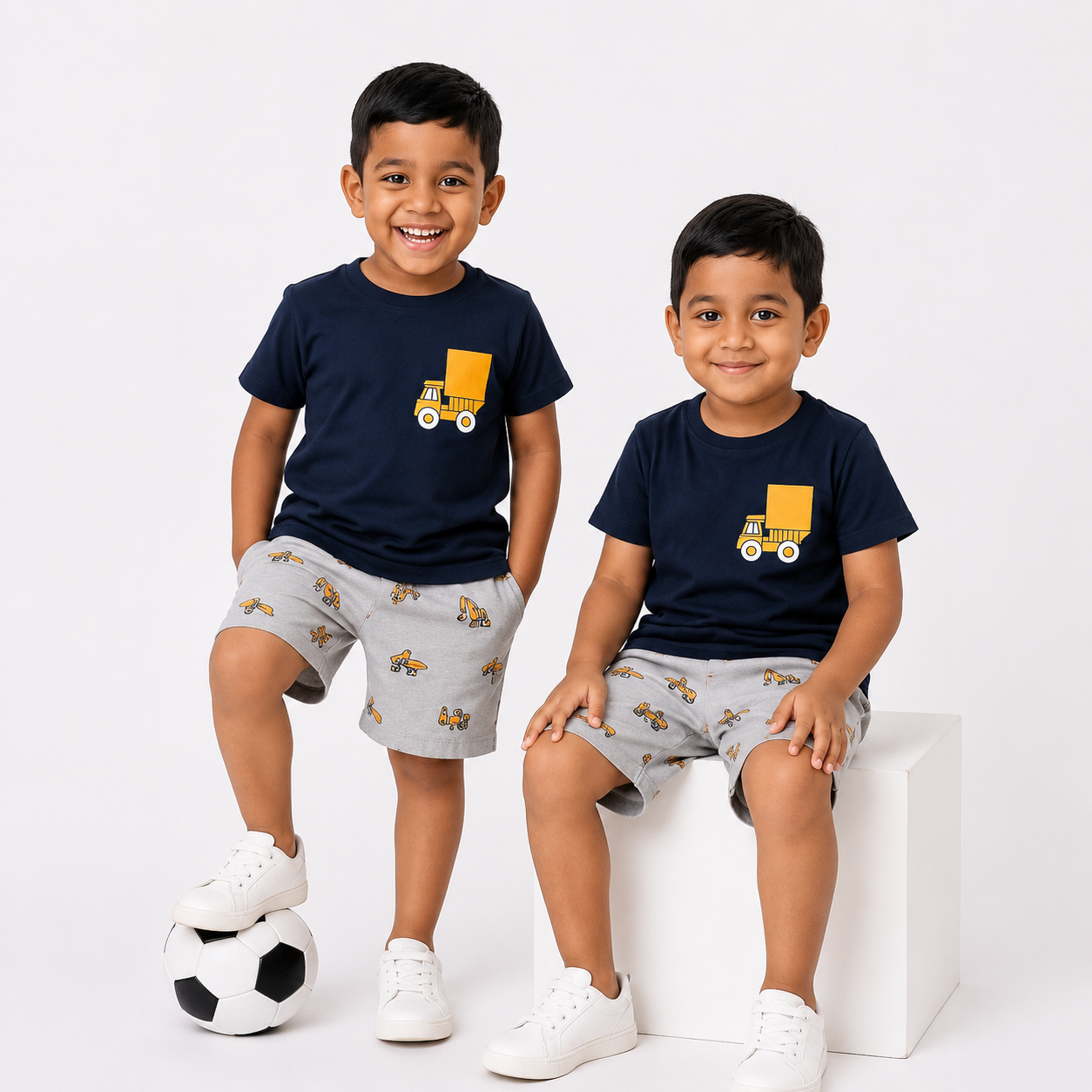 Dump Truck Print T-Shirt & Grey Printed Shorts Set for Boys – Navy Blue