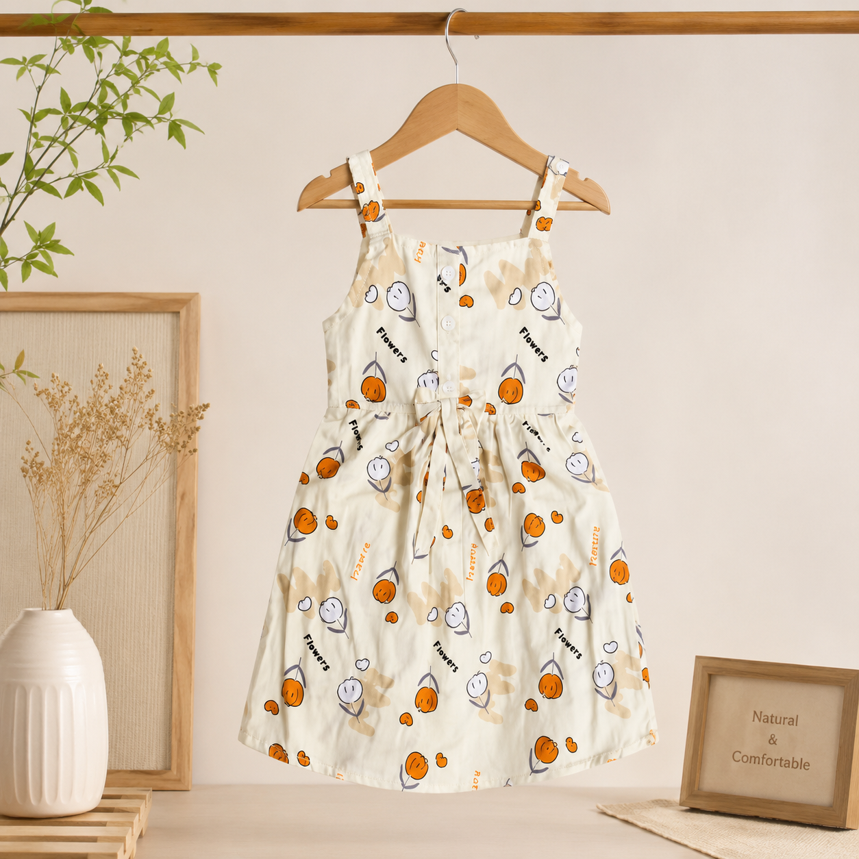 Girls Summer Printed Dress – Cream (1-6 Years)
