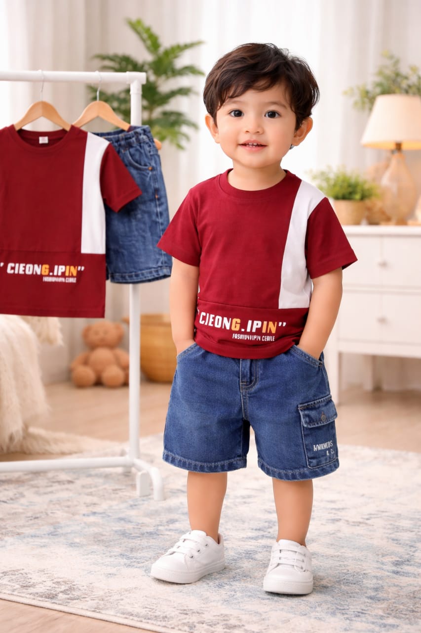 Kids Color Block T-Shirt & Denim Cargo Shorts Set โ Maroon Summer Outfit (1-6 Years)
