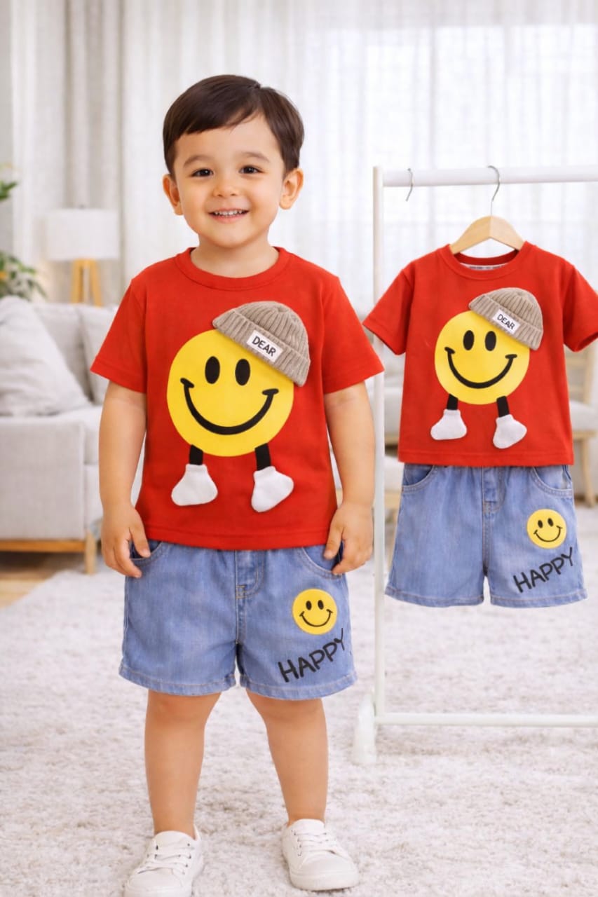 Kids Smiley Face T-Shirt & Denim Shorts Set โ Red Summer Outfit (1-6 Years)