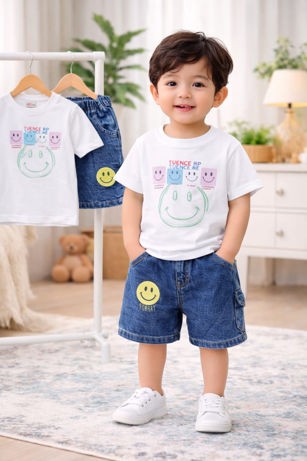 Kids Smiley Print T-Shirt & Denim Cargo Shorts Set โ White Summer Outfit (1-6 Years)