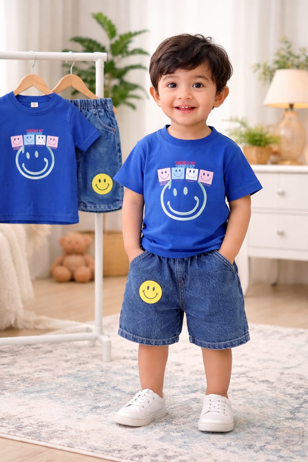 Kids Smiley Print T-Shirt & Denim Shorts Set โ Royal Blue Summer Outfit (1-6 Years)