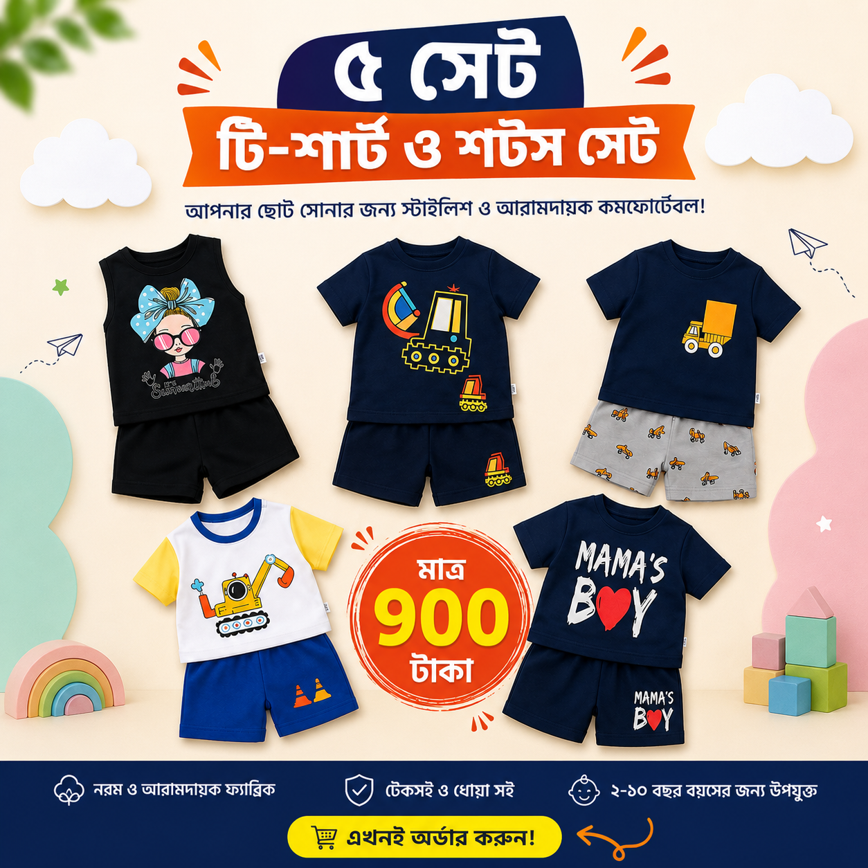 ৫ সেট বেবি টি-শার্ট ও শর্টস কম্বো | 1-6 বছর | সফট কটন সামার কালেকশন