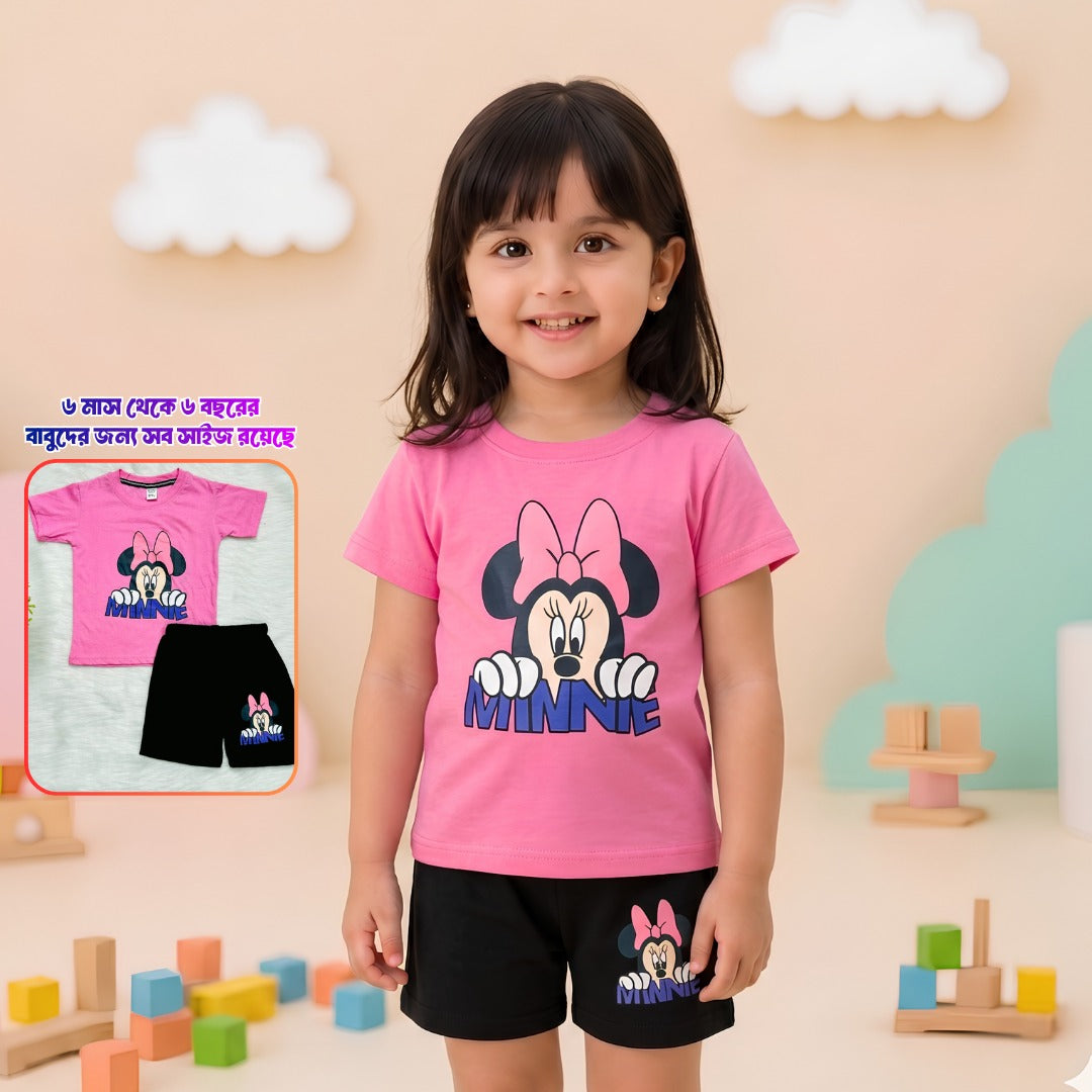 Minnie Mouse Print T-Shirt & Shorts Set for Girls – Pink & Black