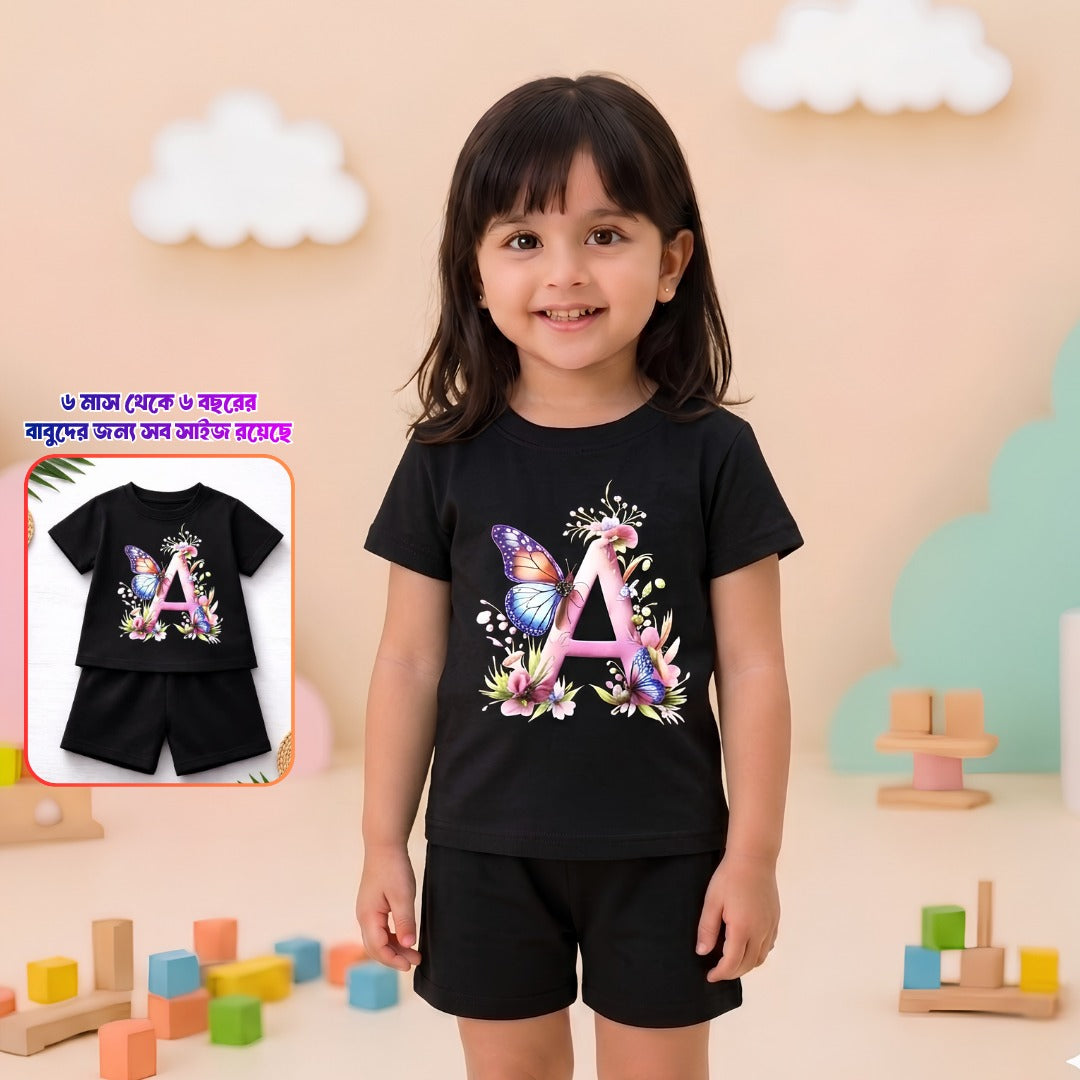 Butterfly Floral "A" Letter Print T-Shirt & Shorts Set for Girls – Black