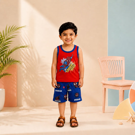 Spider-Hero Print Tank Top & Shorts Set for Boys – Red & Blue
