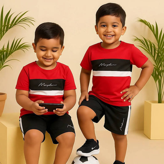 Colorblock Striped T-Shirt & Shorts Set for Boys – Red, Black & White