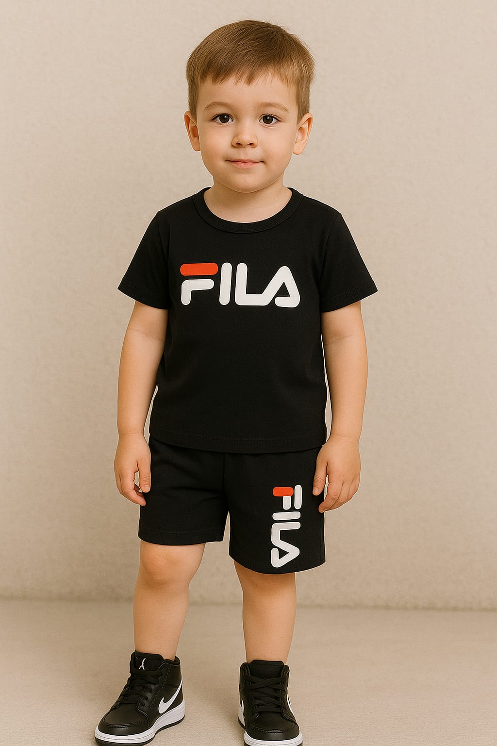 Sporty Logo Print T-Shirt & Shorts Set for Boys – Black