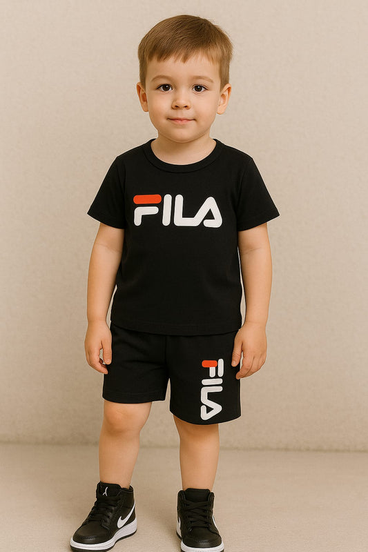 Sporty Logo Print T-Shirt & Shorts Set for Boys – Black