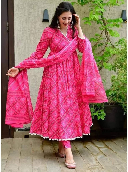 Pink Printed Linen Three Piece Set