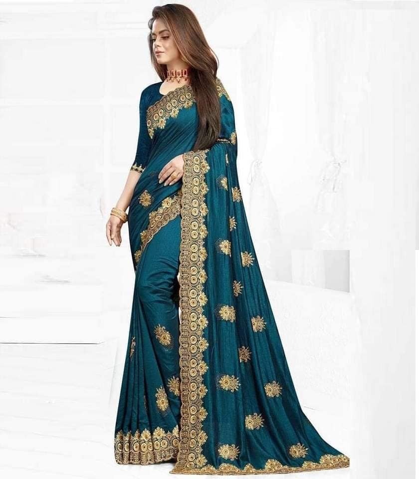 Embroidered Georgette Saree - Teal
