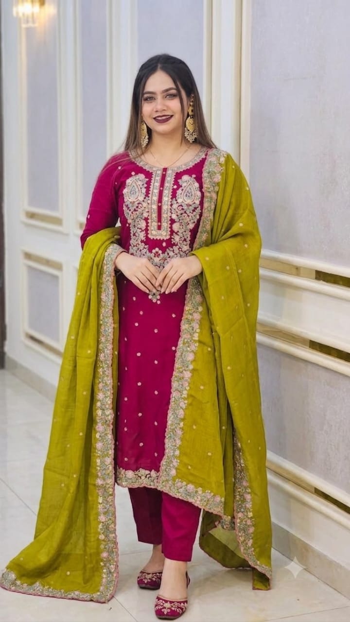 Premium Sequence Embroidery Three Piece- Maroon