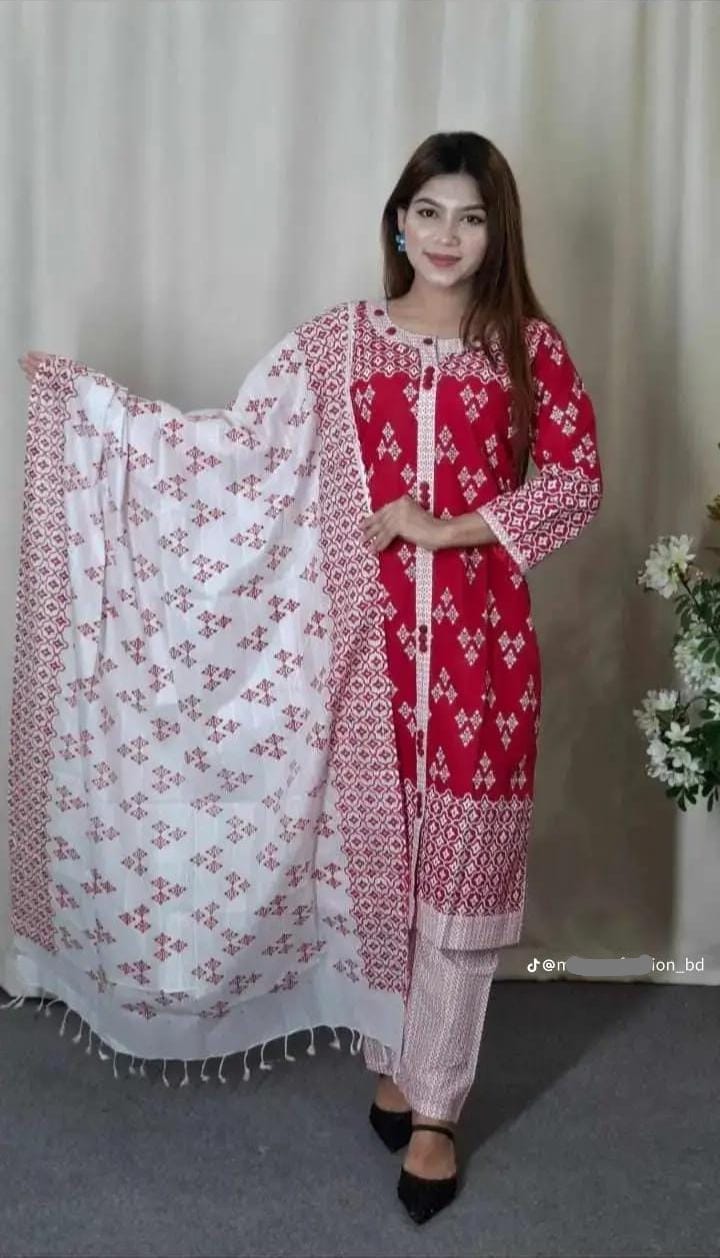 Cotton Readymade Three Piece - Red