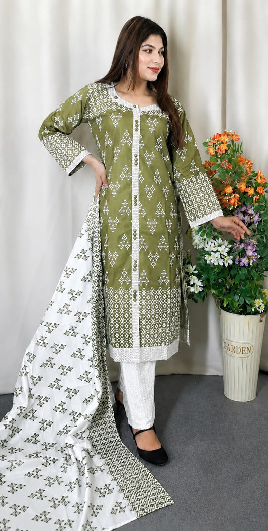 Cotton Readymade Three Piece - Olive