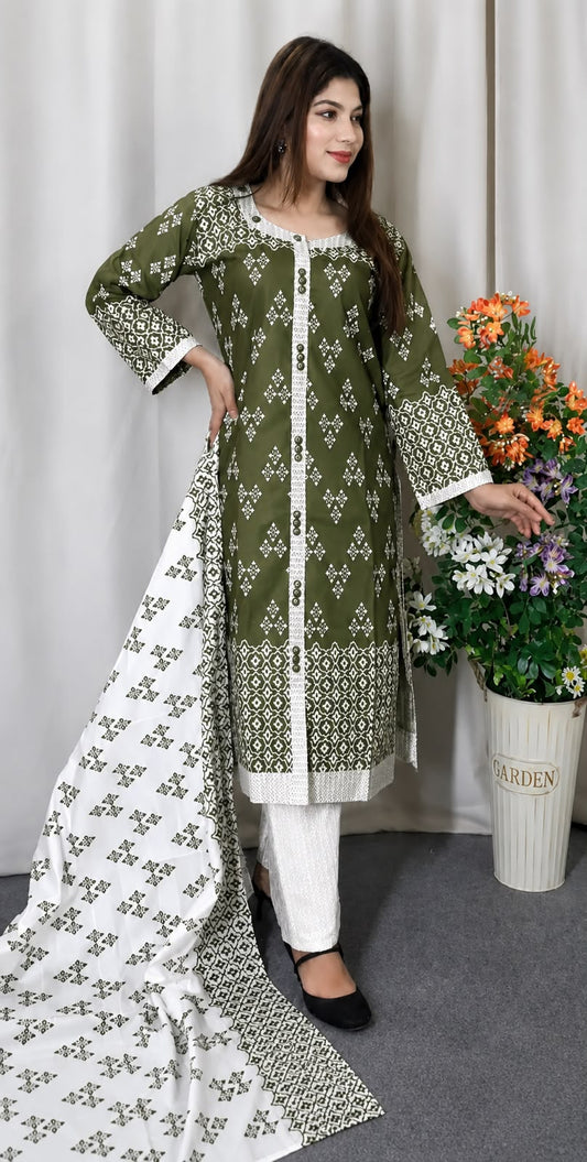 Cotton Readymade Three Piece - Dark Olive