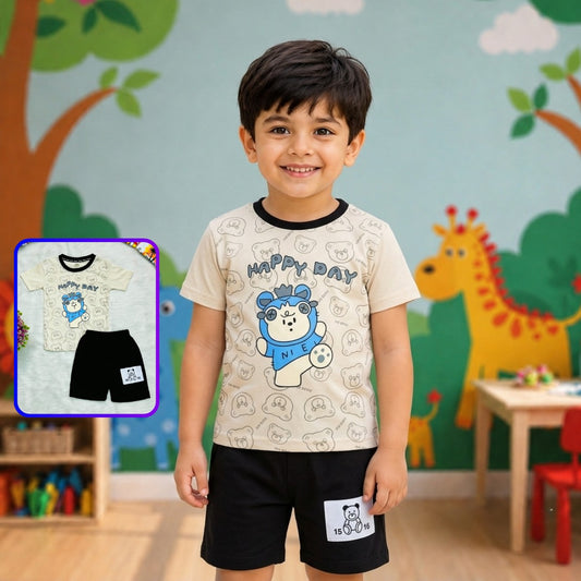 Happy Day" Bear Print T-Shirt & Shorts Set for Boys – Beige & Black