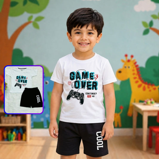 Game Over" Print T-Shirt & Black Shorts Set for Boys – White
