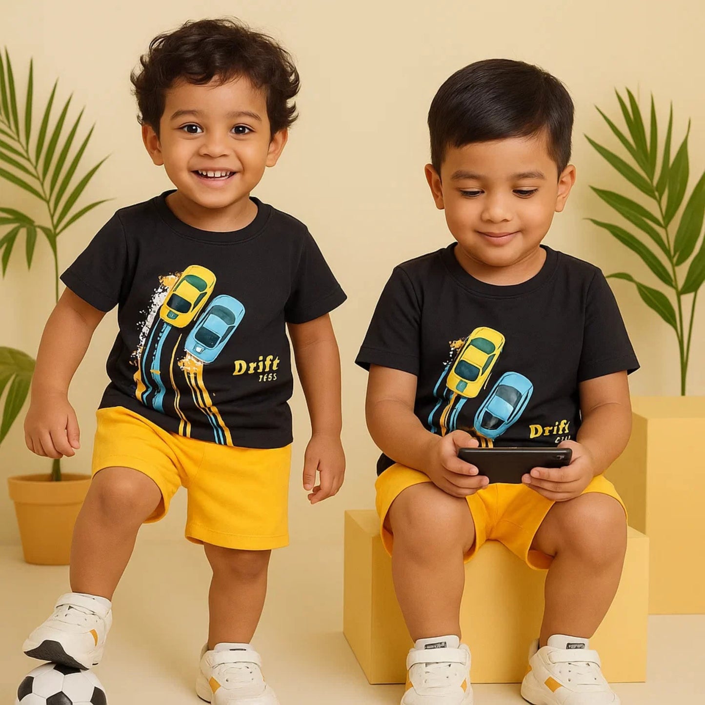Drift" Racing Car Print T-Shirt & Yellow Shorts Set for Boys – Black