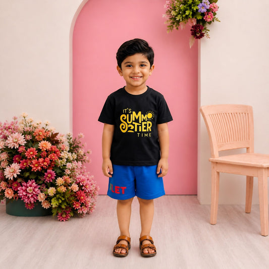 "It's Summertime" Print T-Shirt & Blue Shorts Set for Boys – Black