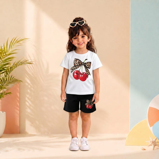 Cherry & Leopard Bow Print T-Shirt & Shorts Set for Girls – White & Black