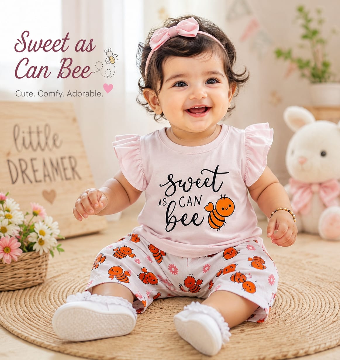 Sweet As Can Bee" Print Ruffle Sleeve Top & Shorts Set for Baby Girls – Pink