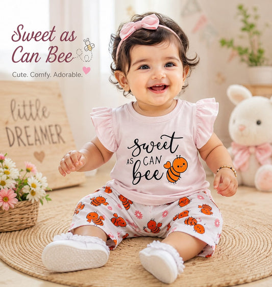 Sweet As Can Bee" Print Ruffle Sleeve Top & Shorts Set for Baby Girls – Pink