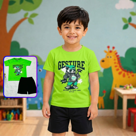 "Gesture" Panda Print T-Shirt & Black Shorts Set for Boys – Green