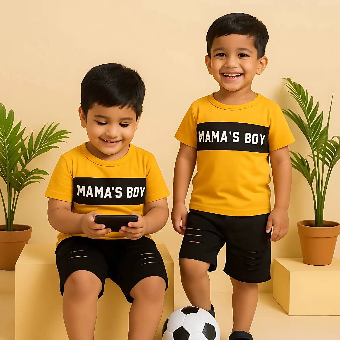 "Mama's Boy" Colorblock T-Shirt & Ripped Shorts Set for Boys – Yellow & Black