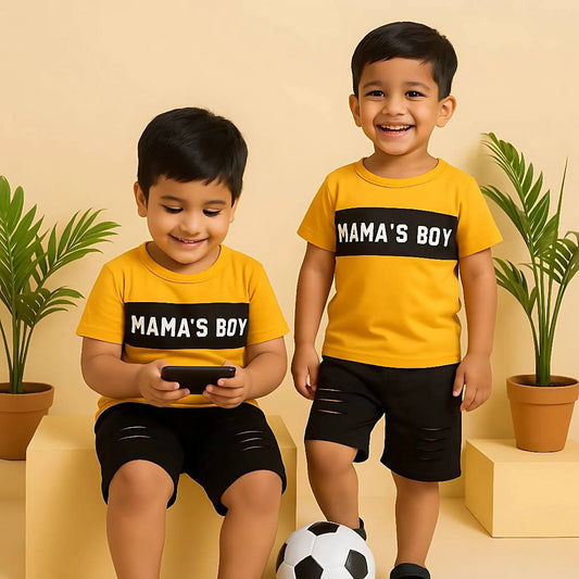 "Mama's Boy" Colorblock T-Shirt & Ripped Shorts Set for Boys – Yellow & Black
