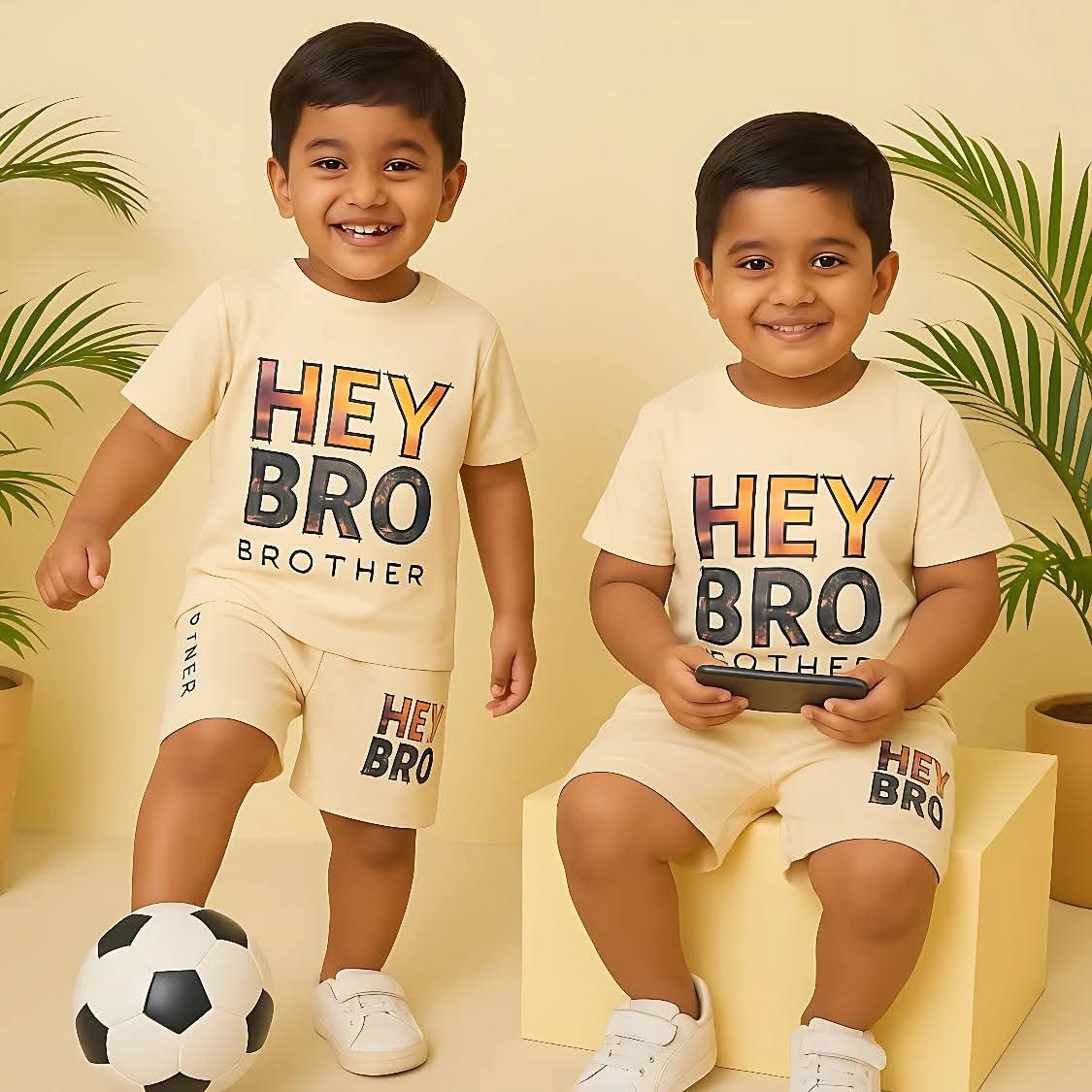 "Hey Bro Brother" Print T-Shirt & Shorts Set for Boys – Beige
