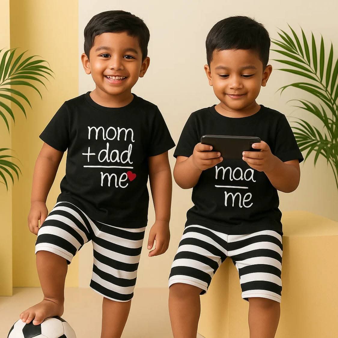 "Mom + Dad = Me" Print T-Shirt & Striped Shorts Set for Boys – Black & White
