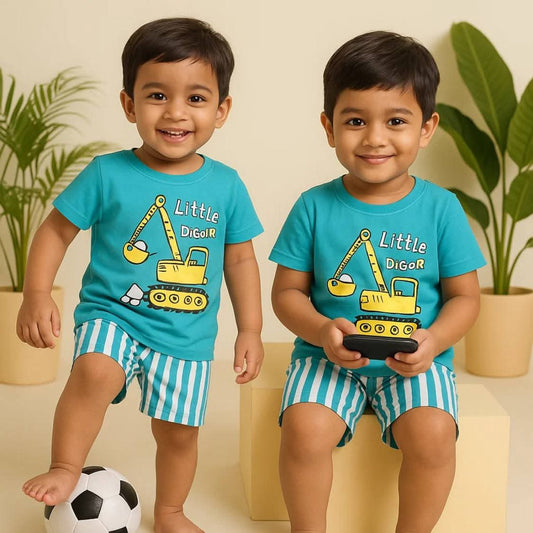 Little Digger Excavator Print T-Shirt & Striped Shorts Set for Boys – Teal