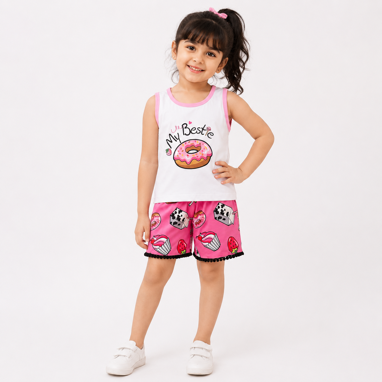 My Bestie" Donut Print Tank Top & Pink Printed Shorts Set for Girls