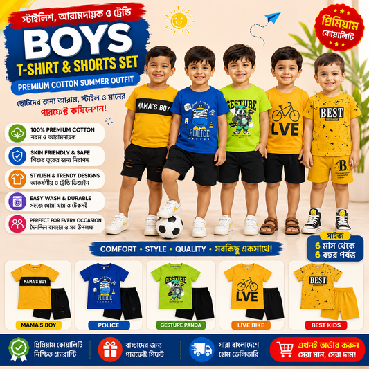 Premium Boys Cotton T-Shirt & Shorts Set – Summer Casual Outfit | Stylish Kids Dress ( ১ বছর – ৬ বছর)