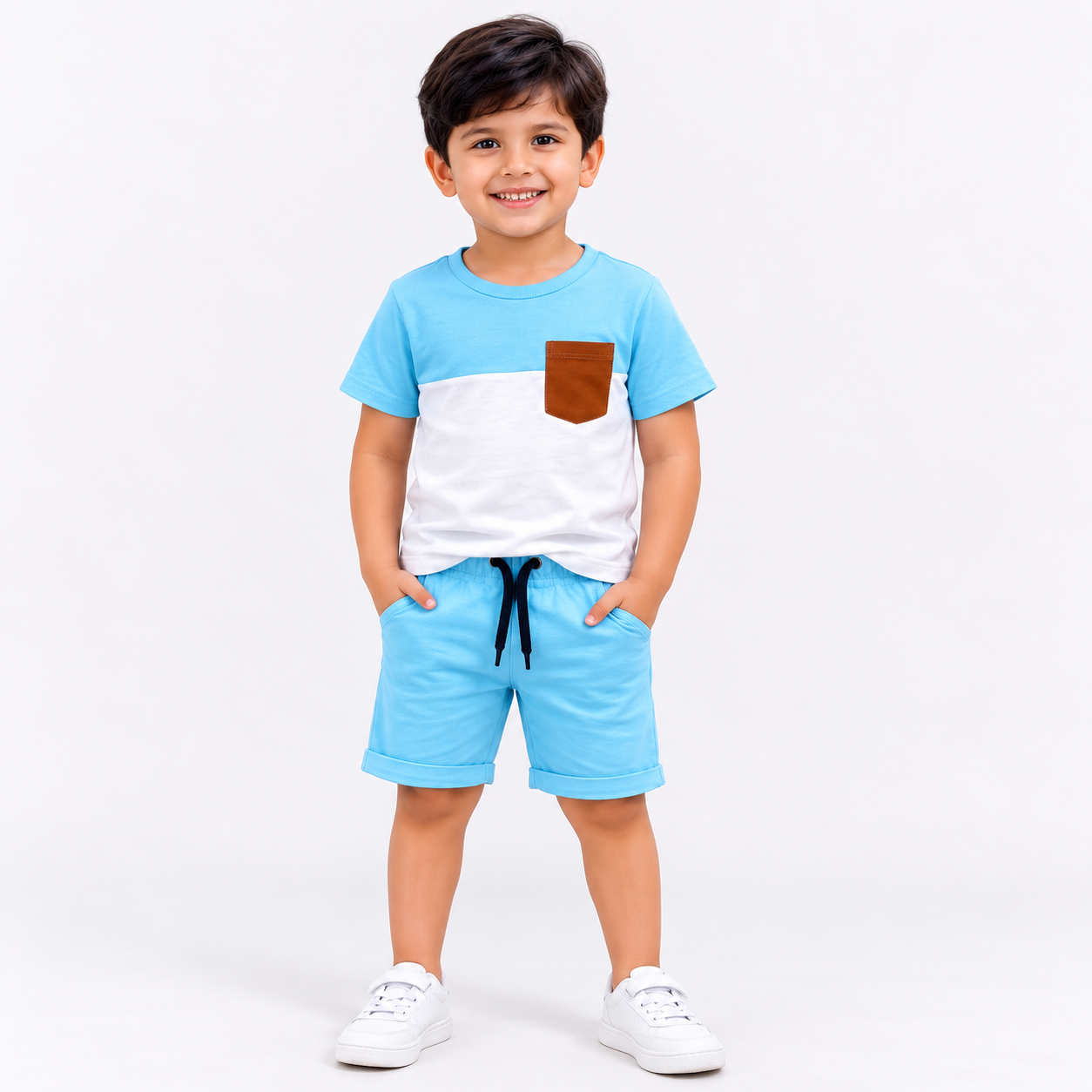 Colorblock Pocket T-Shirt & Matching Shorts Set for Boys – Sky Blue