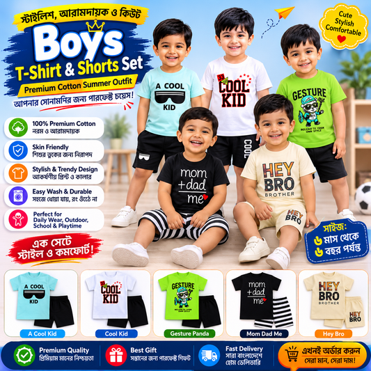 Kids Premium Cotton T-Shirt & Shorts Set | Stylish Summer Dress | ১ বছর থেকে ৬ বছর Baby Boy Outfit