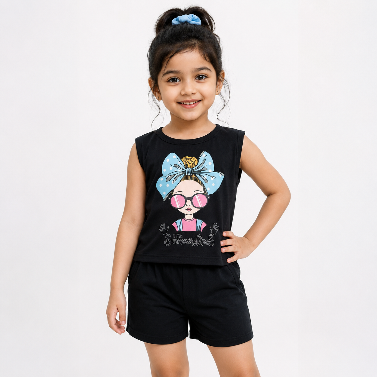 It's Summertime" Graphic Print Sleeveless Co-ord Set for Girls – Black