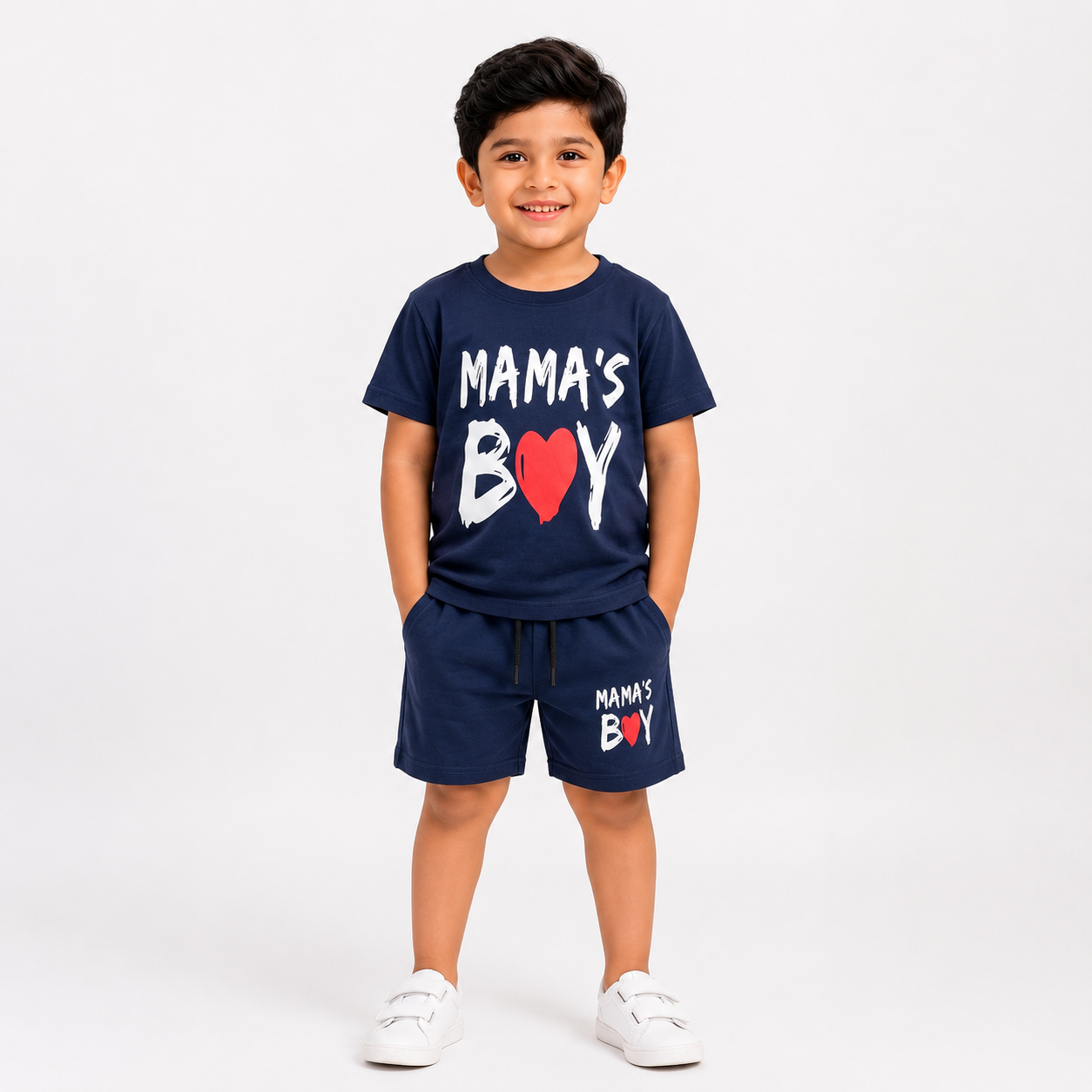 Mama's Boy" Printed T-Shirt & Shorts Set for Boys – Navy Blue
