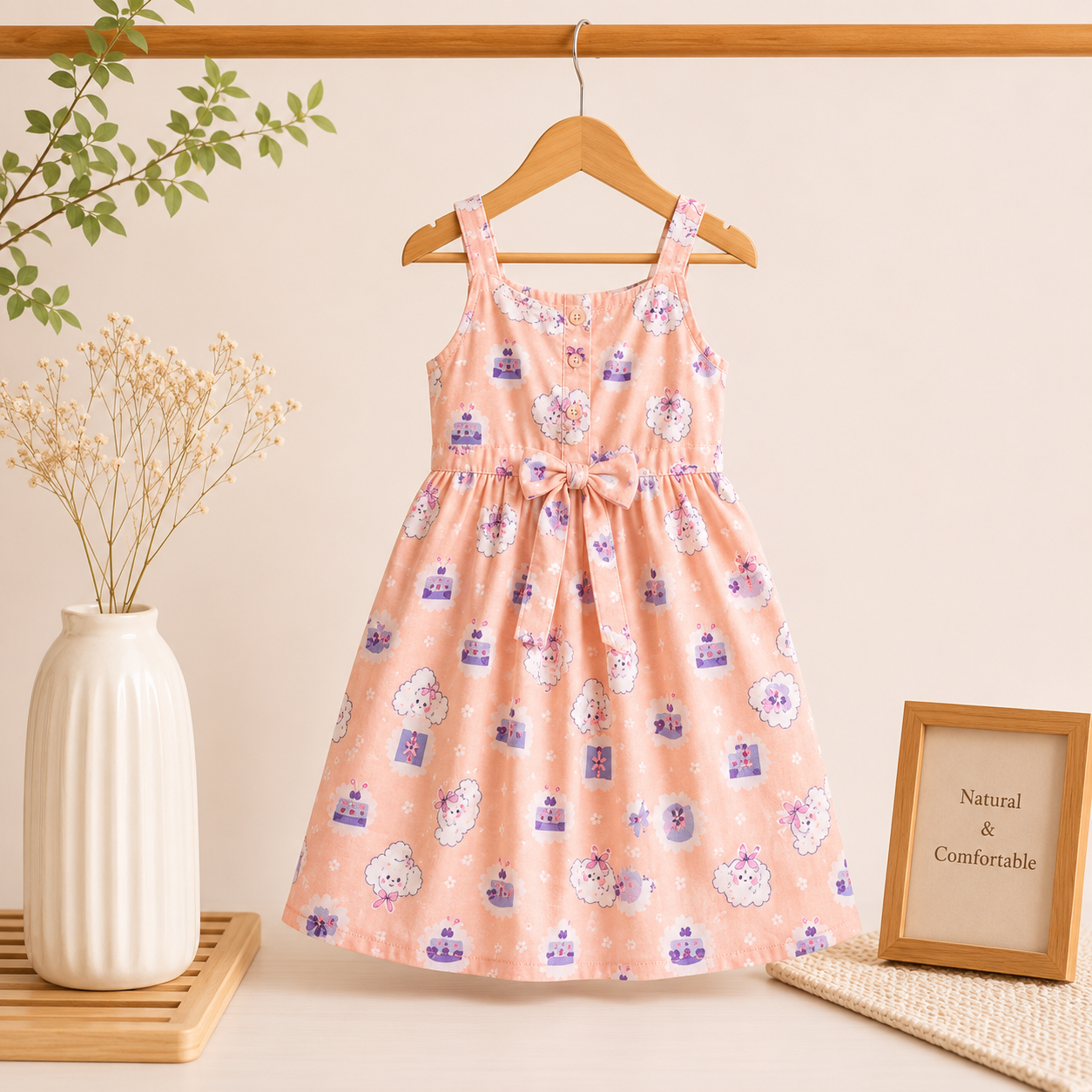 Girls Peach Printed Cotton Summer Dress – Soft & Comfortable (1-6 Years)