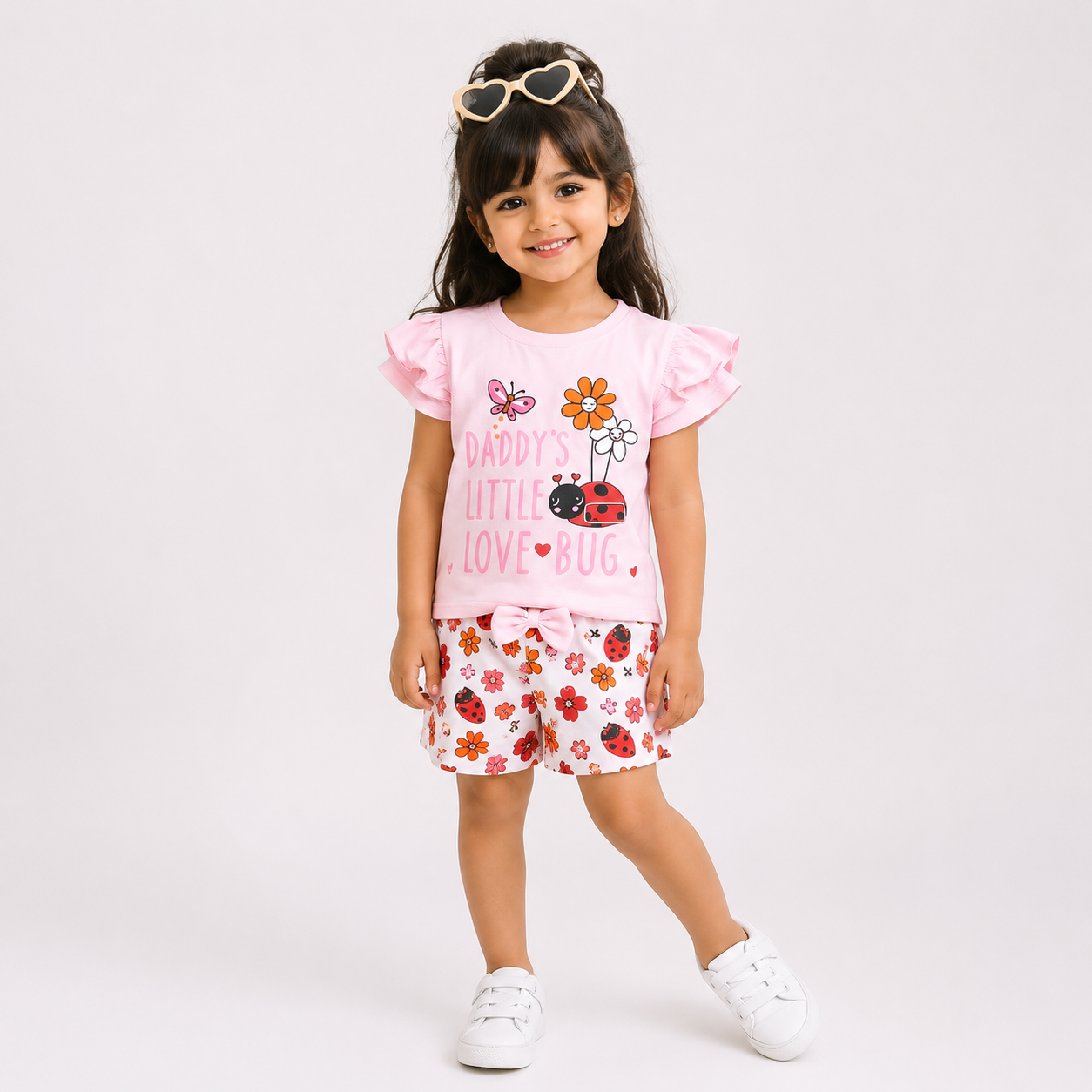 Daddy's Little Love Bug" Print Ruffle Sleeve T-Shirt & Floral Shorts Set for Girls – Pink